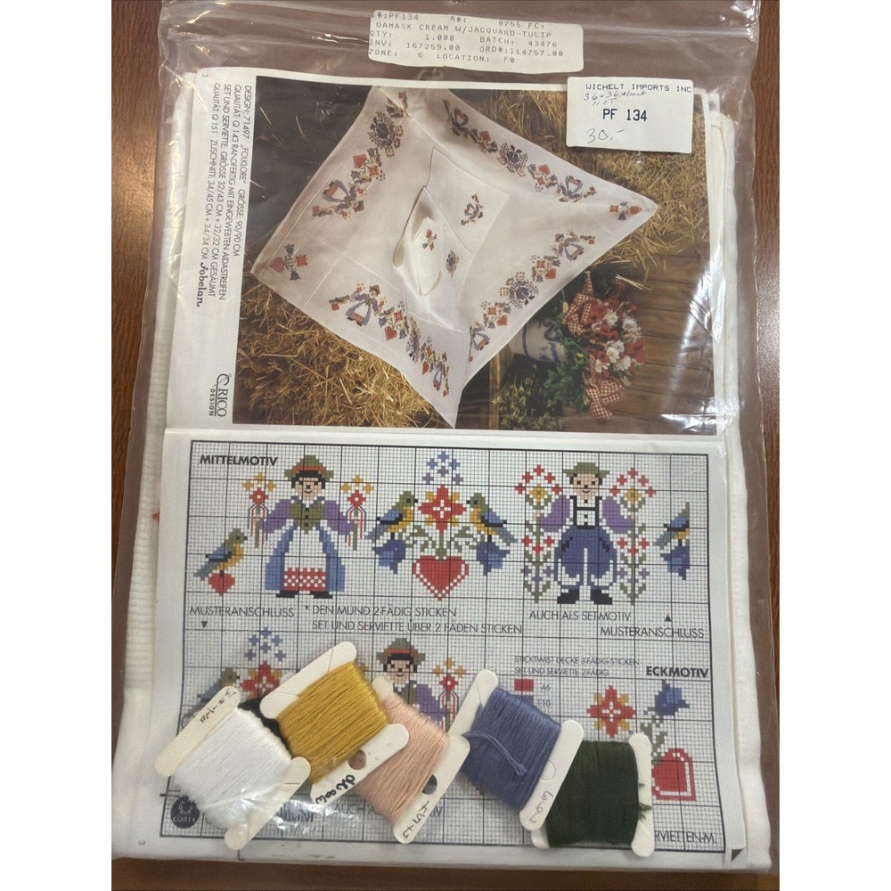 Vtg Folk Dutch Cross Stitch Kit With Floss, Pattern Cream Tablecloth By Wichelt